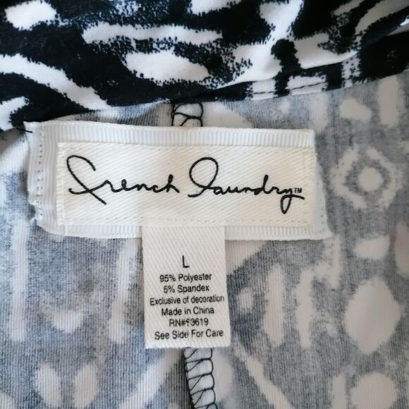 French Laundry Women's Black-White Ikat Open-Front Wrap Fringe Poncho Top Size L - Picture 5 of 8